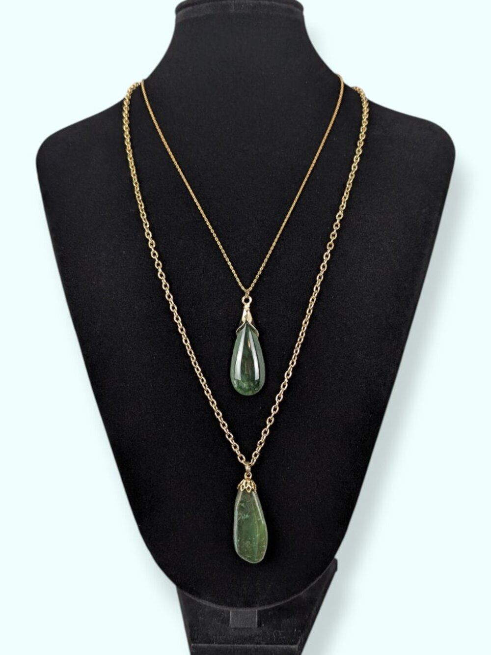 Pair of Vintage Green Nephrite Jade Tear Drop Pendant Necklaces